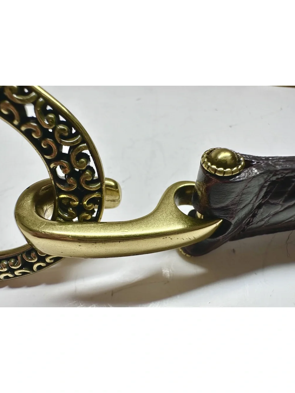 Vintage Brighton Dark Brown Croc-Embossed Leather Brass Tone Chain Links Size 32